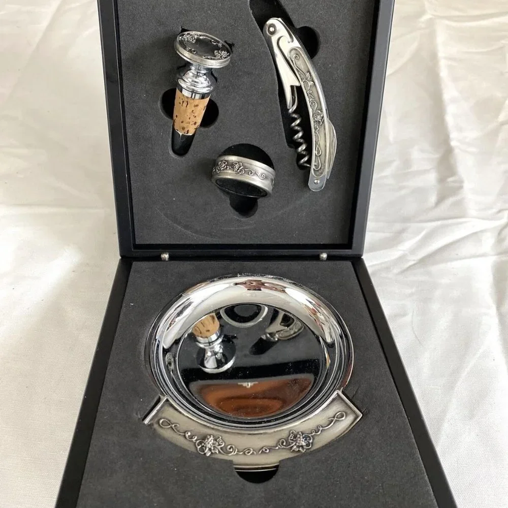 VTG 90s Grapevine Wine Accessory Set 4pc Corkscrew Stopper Drip Ring Coaster Box